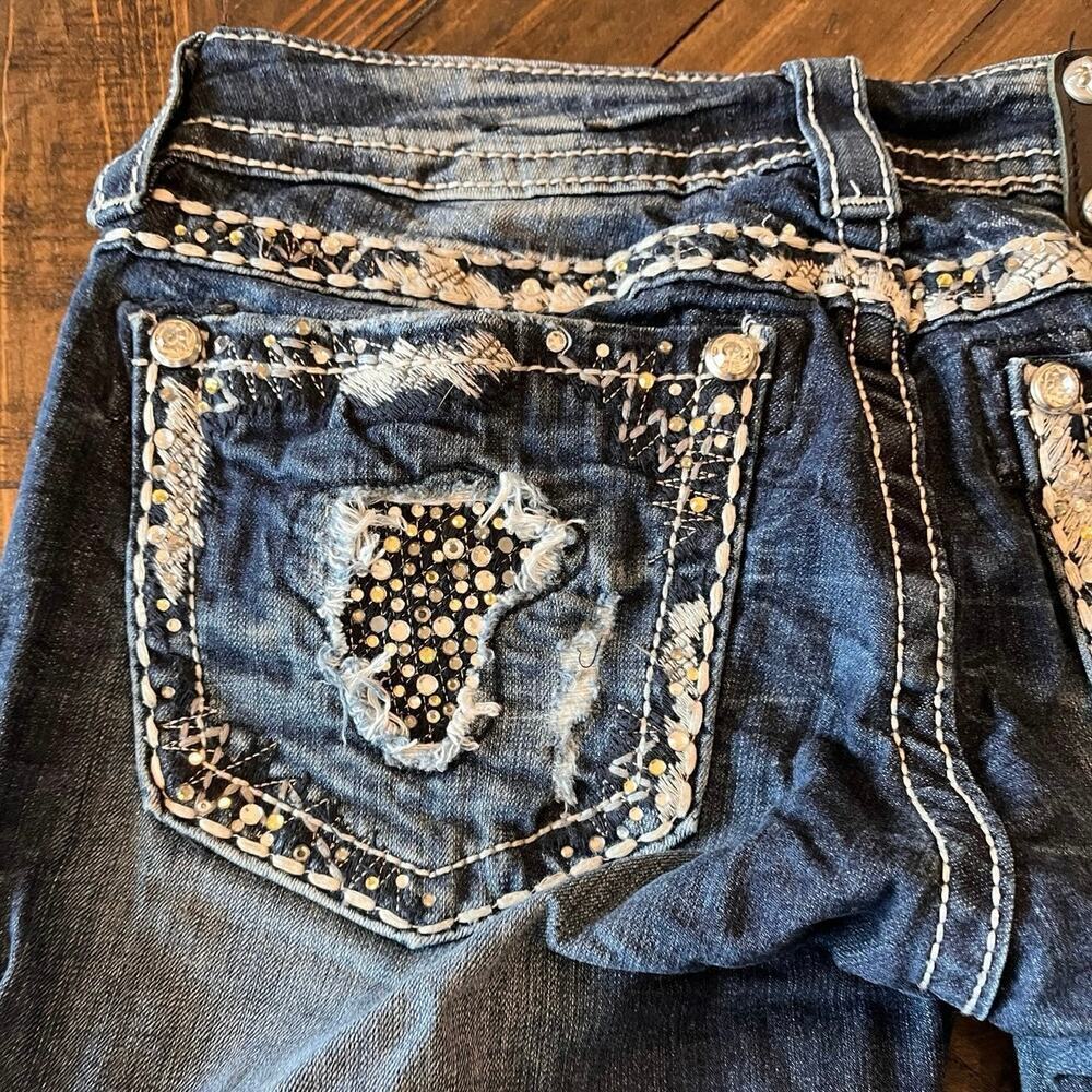 Miss me Cropped Embellished Jeans Women 28 Dark Wash Fringe Western Cowgirl Boho